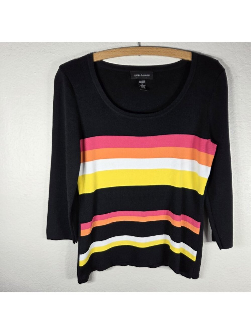 Cable&Gauge Multicolor Striped Top Sweater 3/4 Sleeve Size M Scoop Neck